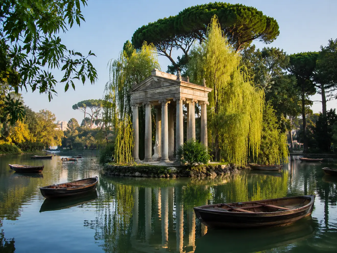Il laghetto di Villa Borghese con il suo tempietto neoclassico sull'isola