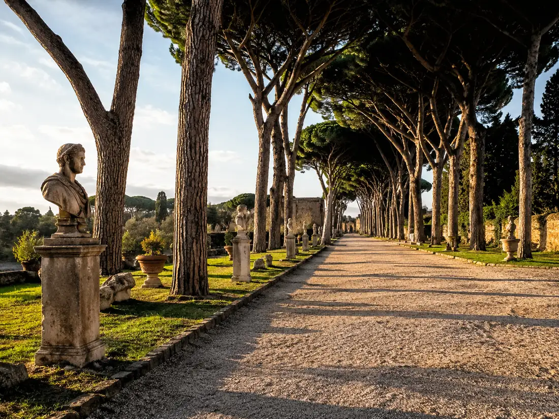 Un viale di pini domestici nel parco di Villa Borghese